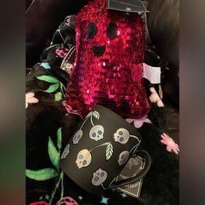 CHRISTIAN SIRIANO NWT Hot Pink Sequin Plush Ghost WITH Skull Cherries Coffee Mug